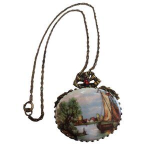 Antique Unique Porcelain Landscape Pendant Necklace (A2412)